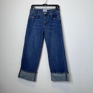 S.O.N.G. Wide Leg Baggy Blue Jeans Cuffed Size 7/28 Wash 99% Cotton Slight Crop